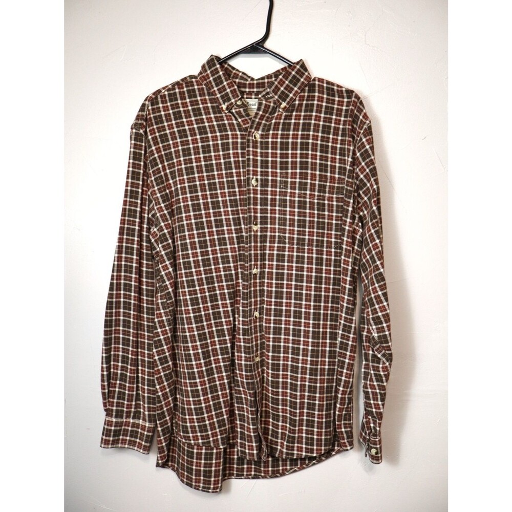 LL Bean 100% Cotton Brown Gingham Button Down Flannel Shirt Size Medium